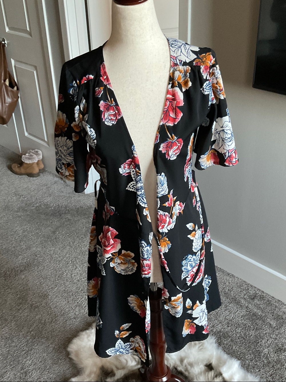 one clothing Black Floral Wrap Dress with Pink and White Blooms